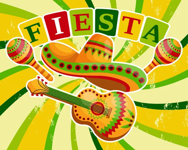 Meksika Sembollü Renkli Cinco Mayo Pankartı Taco Gitar Sombrero Maracas — Stok Vektör