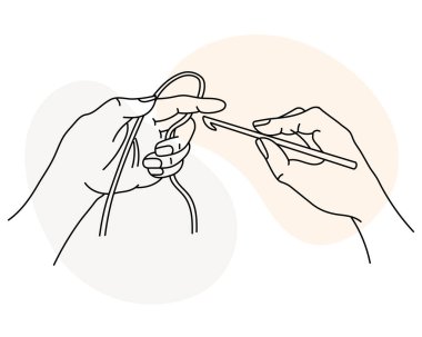 Örgü ikonu, kancalı ve iplikli kadın elleri. Çizgi sanatı, taslak, klip sanatı, vektör