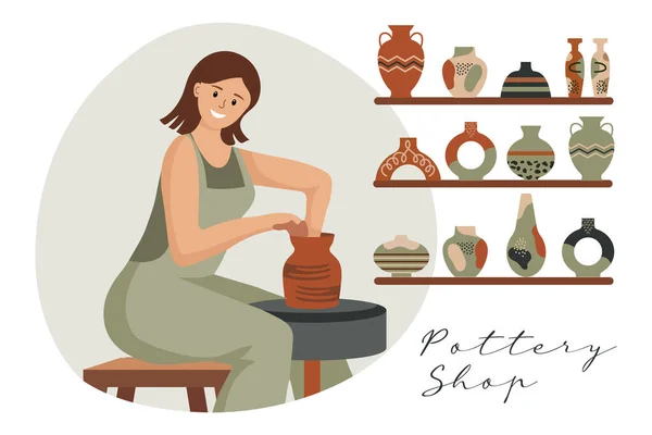 一个女人 她有一个陶工的轮子和一套带有装饰品的老式陶器 平面插图 剪贴画 — 图库矢量图片