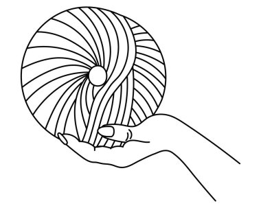 Örgü ikonu, kadın eli iplik yumağını tutar. Çizgi sanatı, taslak, klip sanatı, vektör