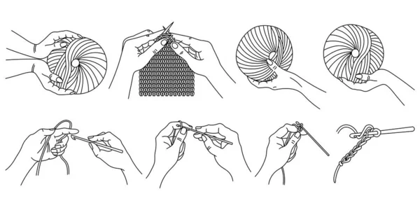 Набор Контурных Иллюстраций Вязание Вязание Руки Палочками Руки Вязальными Спицами — стоковый вектор