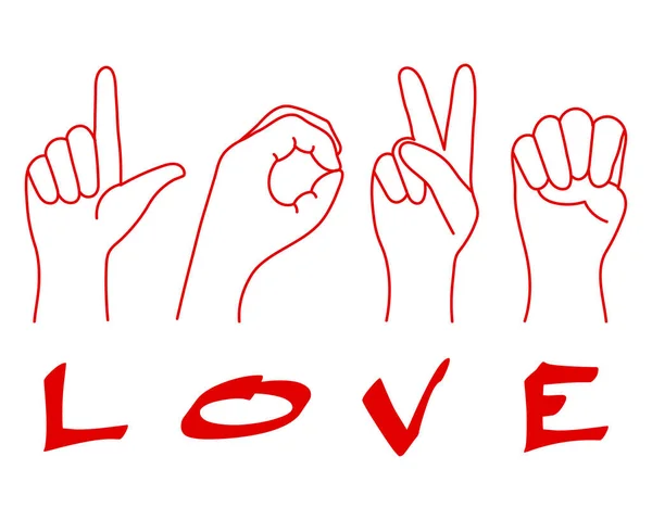 Contour Mains Pliées Dans Mot Amour Bannière Affiche Vecteur — Image vectorielle