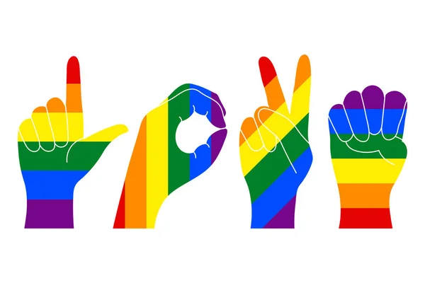 彩虹之手描绘了爱这个词 手拿着Lgbt旗的颜色 — 图库矢量图片