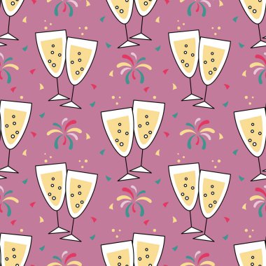 Şenliksiz şenlik, şampanya bardakları ve havai fişekler. Şenlikli arkaplan, yazdırma, vektör