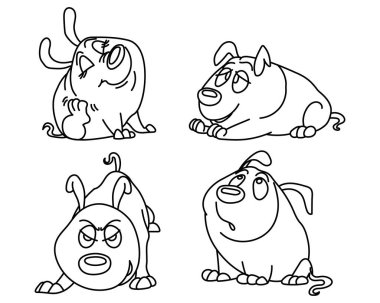 Çizgili, komik, komik köpekler seti. Renklendirme, taslak, vektör için tasarım