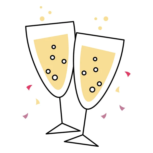 Champagne Glas Med Bubblor Och Konfetti Festlig Platt Illustration Tryck — Stock vektor