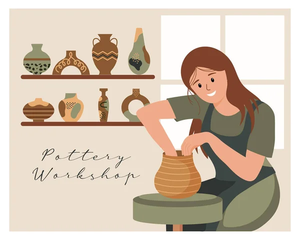 陶芸家の車輪と装飾が施されたヴィンテージ陶器のセットを持つ女性 フラットイラスト クリップアート ベクター — ストックベクタ