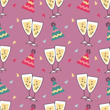 Şenliksiz şenlik, şampanya bardakları, parti şapkaları ve konfeti. Şenlikli arkaplan, yazdırma, vektör