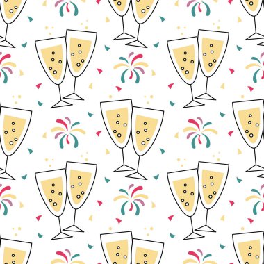 Şenliksiz şenlik, şampanya bardakları ve havai fişekler. Şenlikli arkaplan, yazdırma, vektör