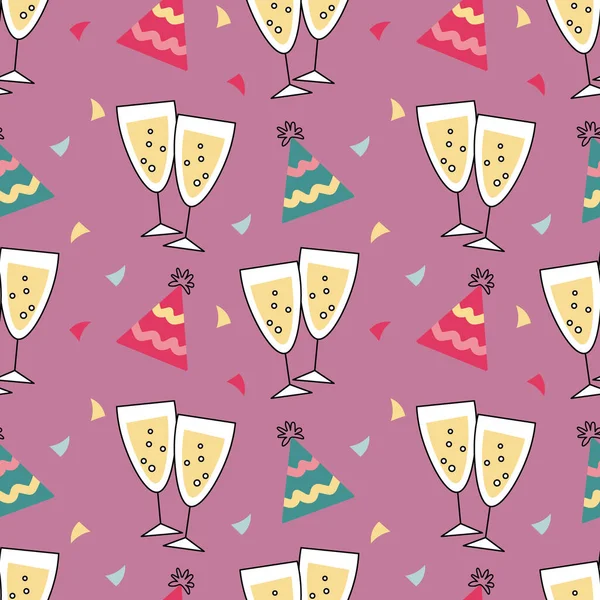 Modèle Festif Sans Couture Verres Champagne Chapeaux Fête Confettis Fond — Image vectorielle