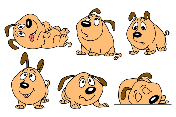 異なる感情を持つ面白いコミカルな犬のセット 子供のプリント 漫画イラスト ベクトル — ストックベクタ