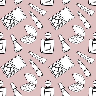 Kusursuz desen, hafif arka planda çizilmiş kozmetik ürünleri. Makyaj arkaplanı, tekstil, vektör