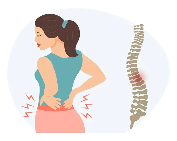 腰と背骨の痛みの症状を持つ悲しい若い女性 健康と医療の概念 イラスト ベクター — ストックベクタ