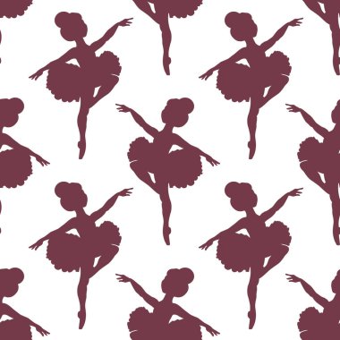 Kusursuz desen, beyaz arka planda küçük kız balerinlerin siluetleri. Arkaplan, yazdırma, vektör