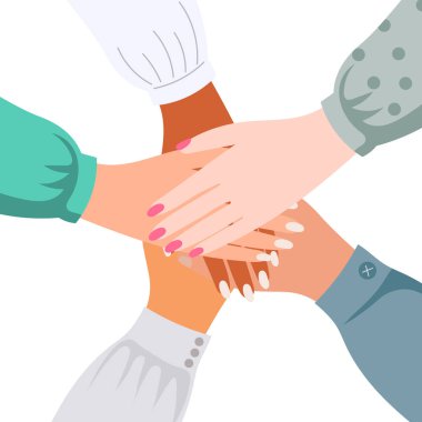 Farklı ten renklerinde ellerin üst üste katlanması. Arkadaşlık kavramı. Görüntü, vektör