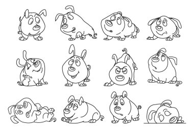 Komik ve komik köpeklerin ana hatlarını çizmiş. Boyama kitabı, çizim, vektör için tasarım