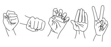 Bir dizi çizilmiş insan eli. Boyama kitabı, çizim, vektör için tasarım