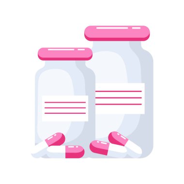 İlaç ve kapsüllü ilaç şişeleri. Resim, simge, vektör