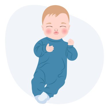 Mavi elbiseli sevimli, neşeli erkek bebek, yeni doğmuş erkek bebek. Çocuk kartı, baskı, illüstrasyon, vektör