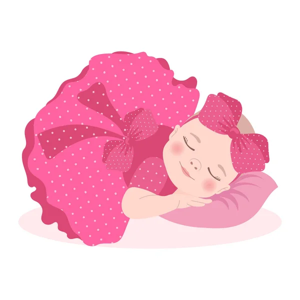 可爱的睡梦中女婴穿着粉色连衣裙 带着蝴蝶结 新生女婴 儿童卡 印刷品 — 图库矢量图片