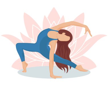 Nilüfer çiçeğinin arkasında yoga pozu veren bir kız, meditasyon. Yaşam tarzı konsepti. Görüntü, vektör