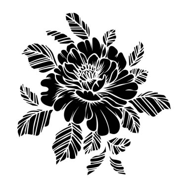 Şakayık çiçeğinin elle çizilmiş siyah silueti. Çiçek deseni, şablon, vektör