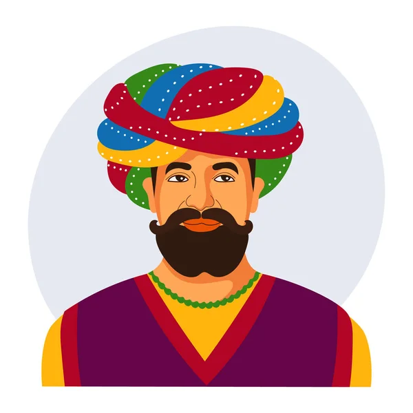 Retrato Colorido Homem Indiano Num Turbante Ilustração Cartaz Vetor — Vetor de Stock