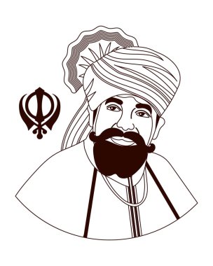 Guru Gobind Singh, son Sih gurusu, Hindistan kahramanı. Çizgi sanatı, vektör