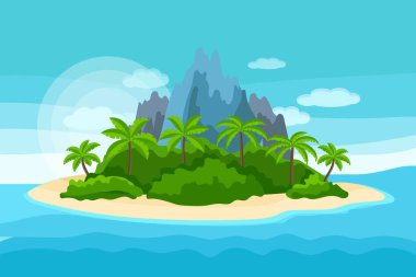 Deniz manzarası, denizin arka planında palmiye ağaçları olan cennet adası. Resim, arkaplan, vektör