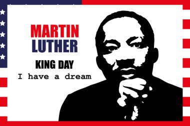 Martin Luther King günü, vaiz silueti ve Amerikan bayrağı olan klasik poster. Sancak, vektör