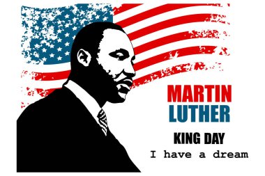 Martin Luther King günü, vaiz silueti ve Amerikan bayrağı olan klasik poster. Sancak, vektör