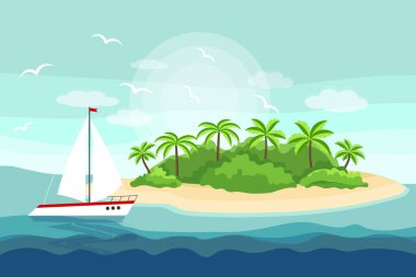 Deniz manzarası, cennet adası, palmiye ağaçları ve denizde bir yat. Resim, arkaplan, vektör