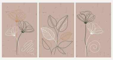 Kartpostal seti. Klasik desenli çiçek çizgisi, bej renkler. Şablon, poster, vektör