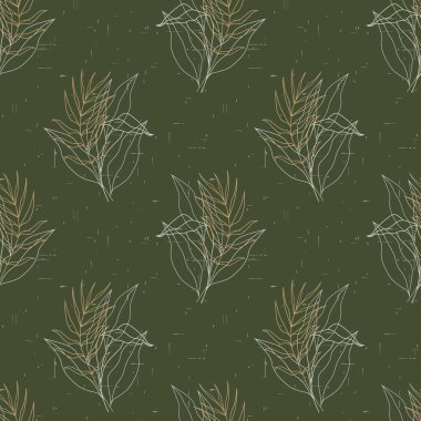 Kusursuz desen, eski püskü bir arka planda yaprak izi. Arkaplan, tekstil, vektör