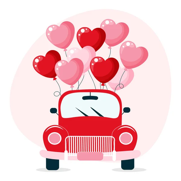 Red Car Heart Balloons Postcard Valentine Day Wedding Illustration Vector — Image vectorielle