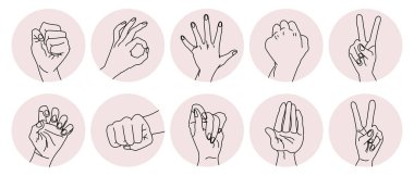 Çizgi sanatı, farklı el hareketleri. Tasarım ögeleri, simgeler, şablonlar, vektör