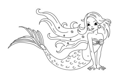 Çizgi sanatı, çizgi film sihirbazı denizkızı, çocuk boyama kitabı için eskiz. Görüntü, vektör