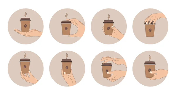 Zestaw Ikon Kawy Gesty Dłoni Szklanką Kawy Elementy Konstrukcyjne Ikony — Wektor stockowy
