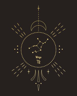 Magic astrology poster with Virgo constellation, tarot card. Golden design on a black background. Vertical illustration, vector