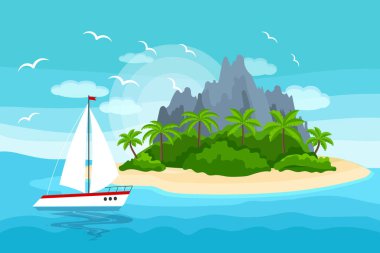 Seascape, paradise island with palm trees and mountains and a yacht in the sea. Illustration, background, vector