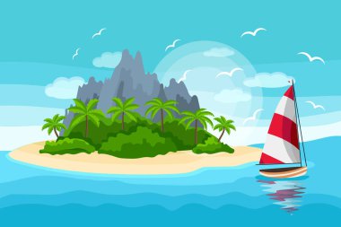 Seascape, paradise island with palm trees and mountains and a yacht in the sea. Illustration, background, vector