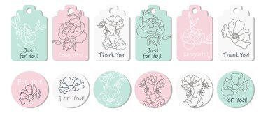 Rustik çıkartma seti ya da ana hatlı çiçekli tebrik kartı şablonu. Yıldönümü, doğum günü, düğün, parti, sosyal medya afişi. Vektör