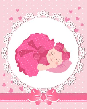 Children's greeting card with a cute baby girl on a lace template with a bow and hearts. Newborn design, vector.