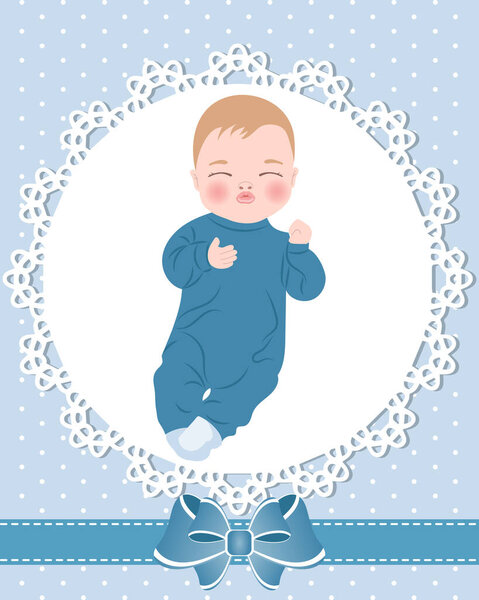 Baby card with cute baby boy and lace pattern with bow. Design for newborns. Illustration, greeting card, vector.