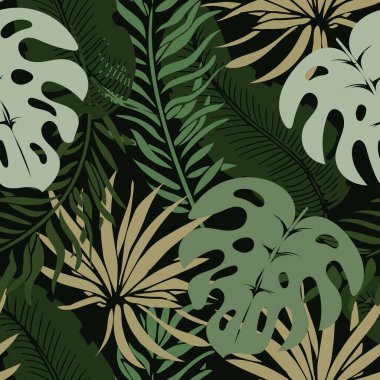 Seamless pattern, jungle, colorful tropical leaves on a dark background. Print, background, textile, wallpaper, vector