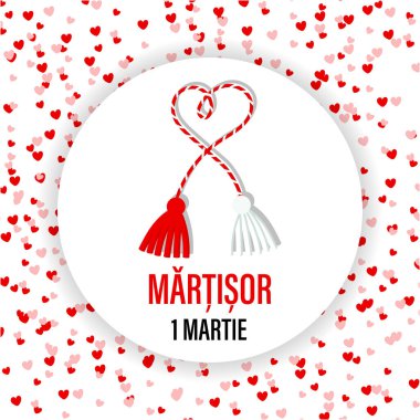Martisor, red and white symbol of spring on the background of hearts. Traditional spring holiday in Romania and Moldova. March 1. Holiday card, banner, vector.
