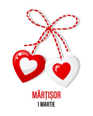 Martisor, red and white symbol of spring. Traditional spring holiday in Romania and Moldova. March 1. Holiday card, banner, vector.