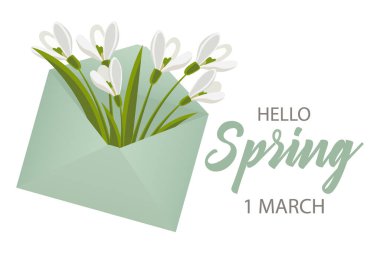 Envelope with a bouquet of snowdrops with the text Hello spring. Congratulation banner, postcard, poster, vector