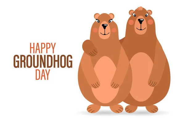 Happy Groundhog Day Pair Groundhogs Love Hearts Congratulatory Banner Card — Vector de stock