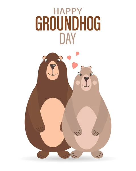 Happy Groundhog Day Pair Groundhogs Love Hearts Congratulatory Banner Card — Vector de stock